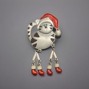 VINTAGE SILVER TONE BROOCH PIN CAT CHRISTMAS DANGLE LEGS Signed NR